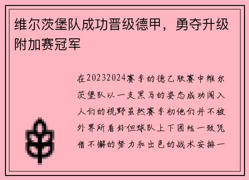 维尔茨堡队成功晋级德甲，勇夺升级附加赛冠军