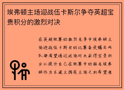 埃弗顿主场迎战伍卡斯尔争夺英超宝贵积分的激烈对决